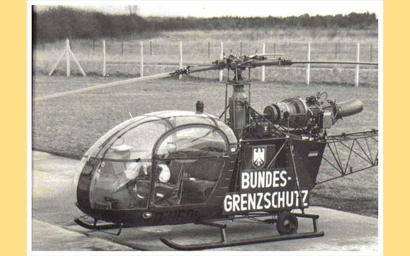 Hubschrauber Alouette II SA 318 C des Bundesgrenzschutzes, ab 1964 auf dem Flugplatz Schleiheim